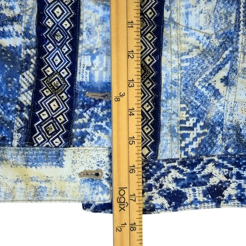 Chicos Mixed Artisan Pattern Beaded Cropped Blue and White Jean Jacket Medium